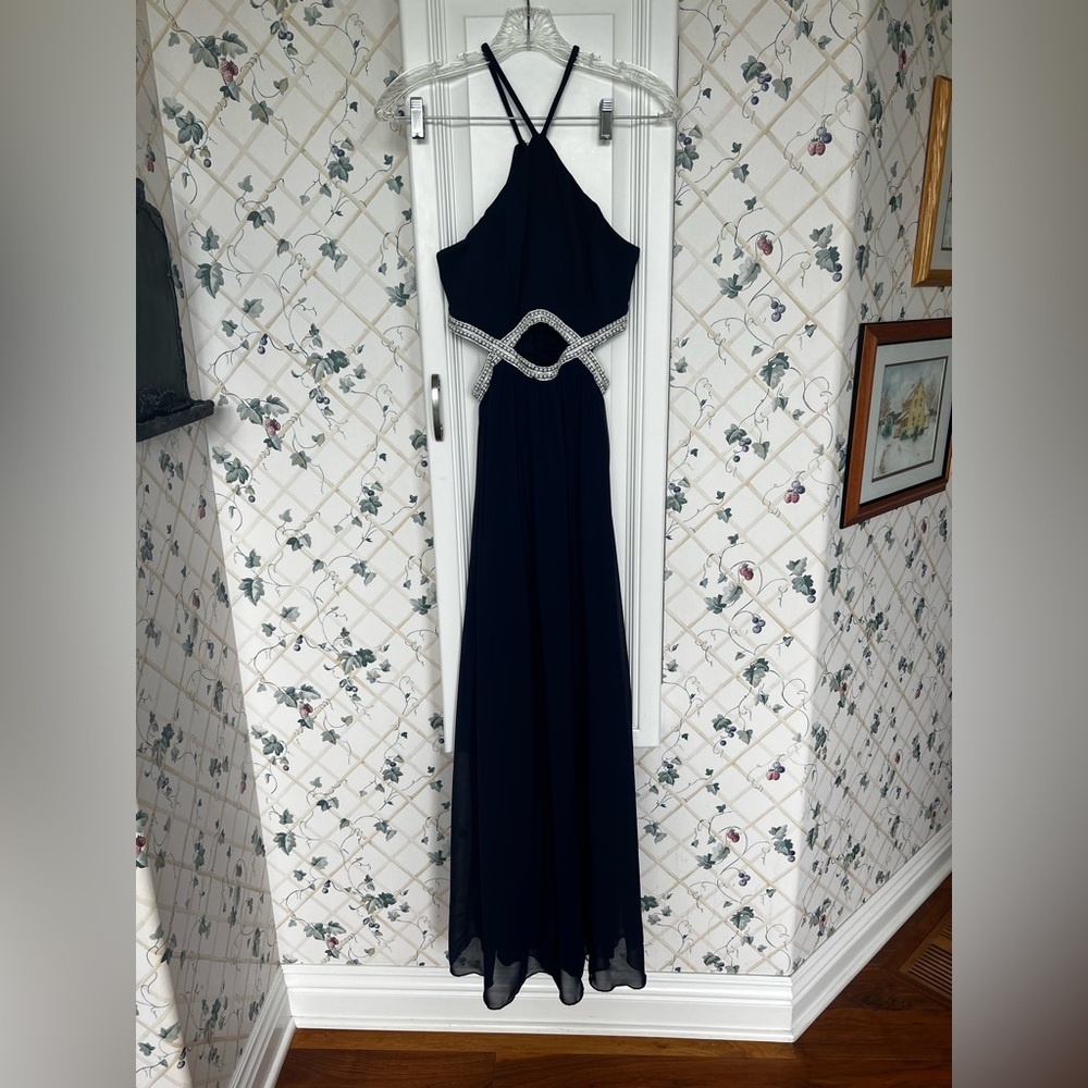 CLEARANCE Women’s Size 3 Navy Blue Full Length Cut Out Prom Dress W Faux Pearls - Picture 5 of 15